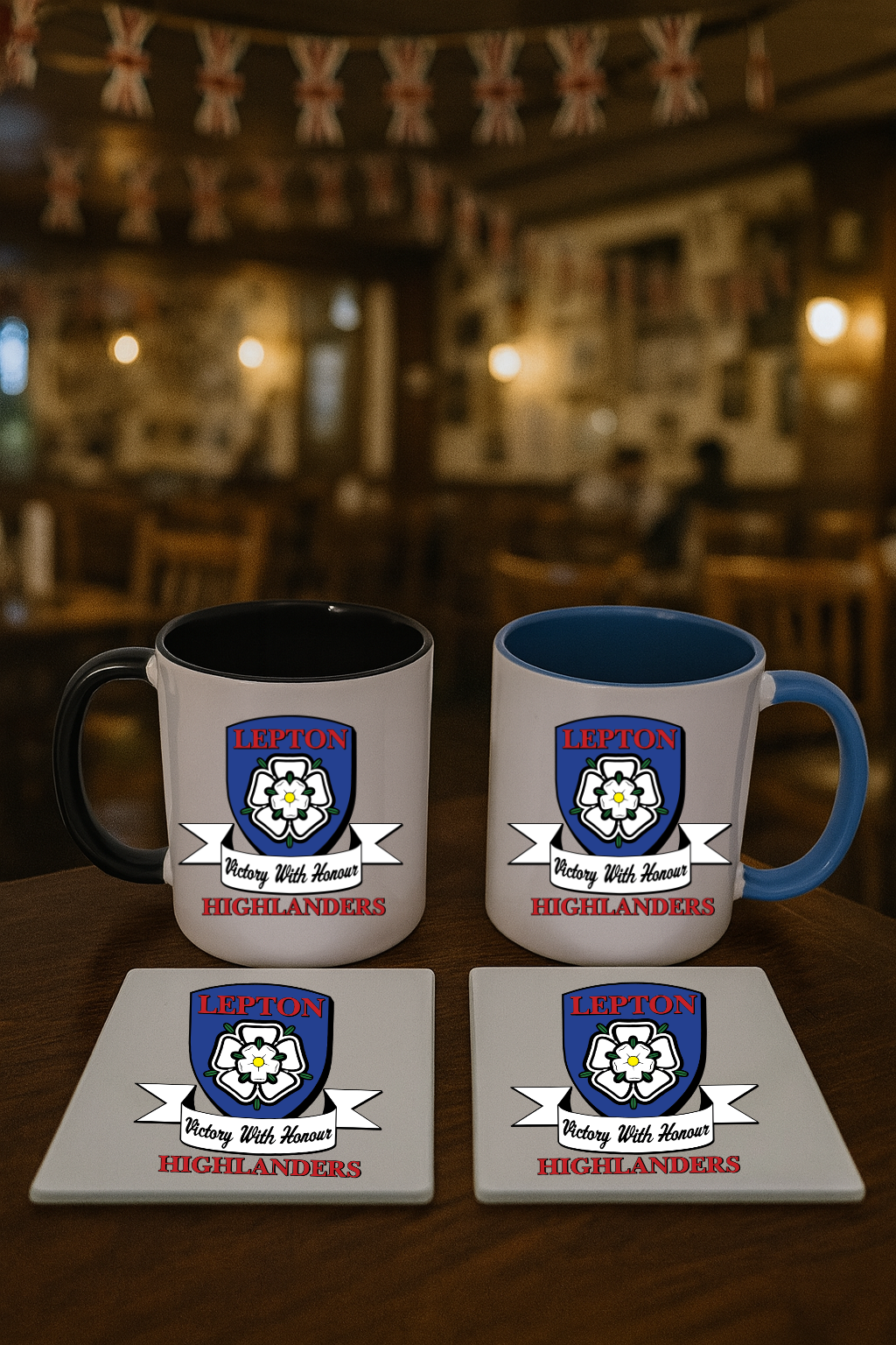 Mug & Coaster Bundle - Lepton Highlanders FC, JFC, CC & SC (Black & Blue)
