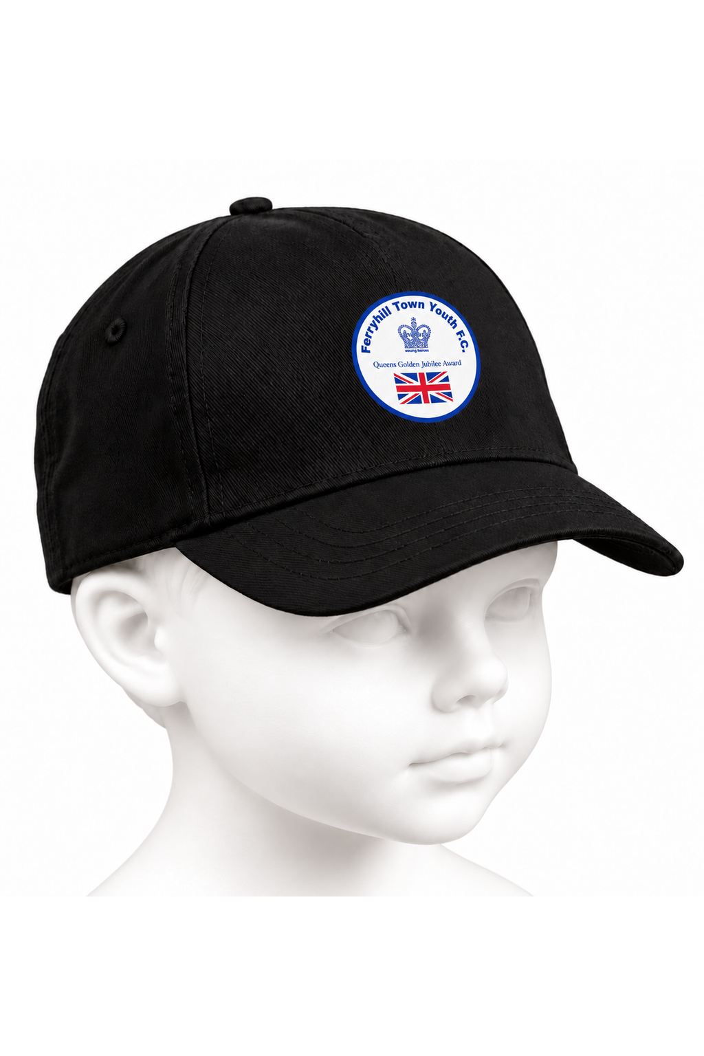 Ferryhill Town Youth FC junior baseball cap in black on a white background