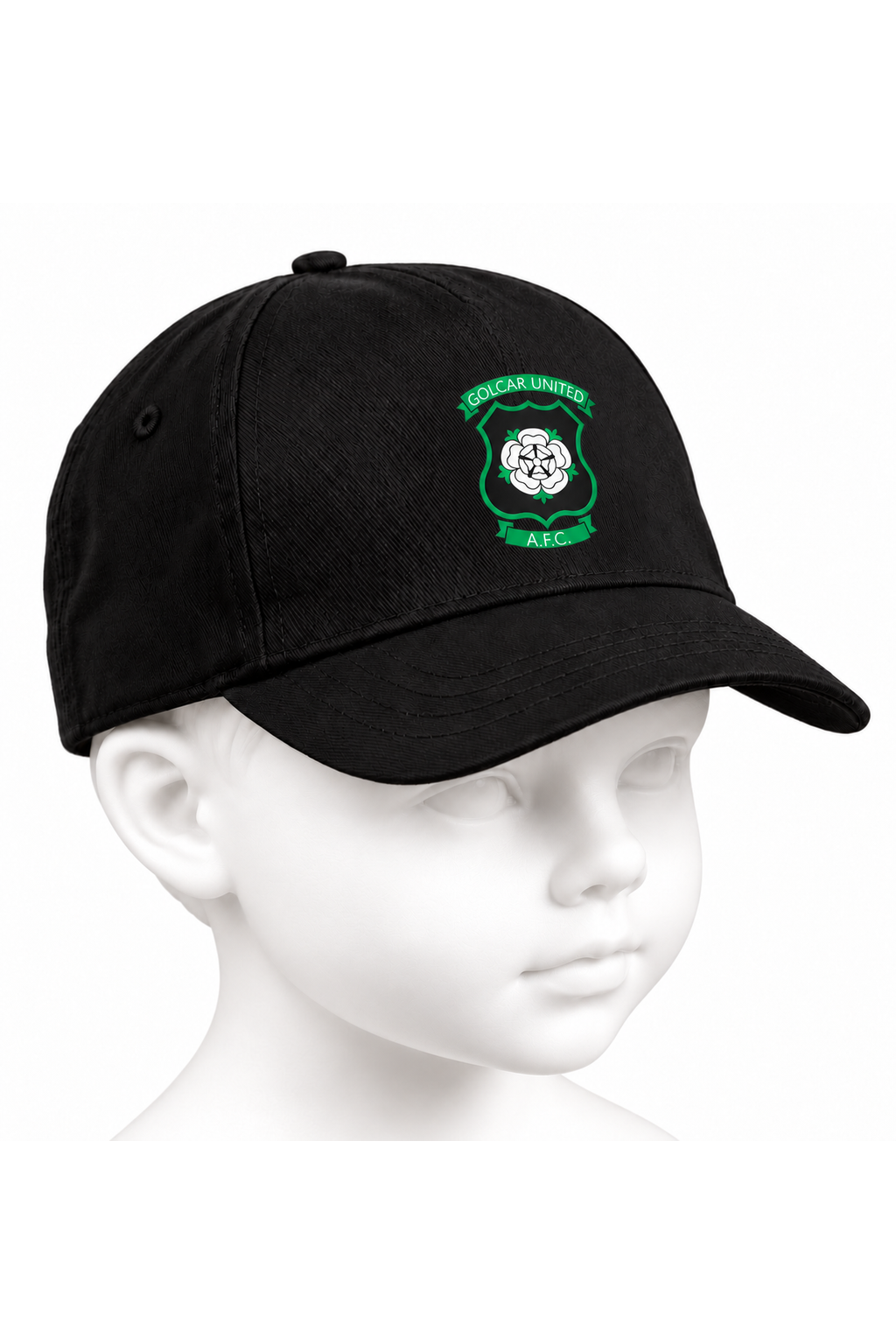 Golcar United AFC junior baseball cap in black on a white background