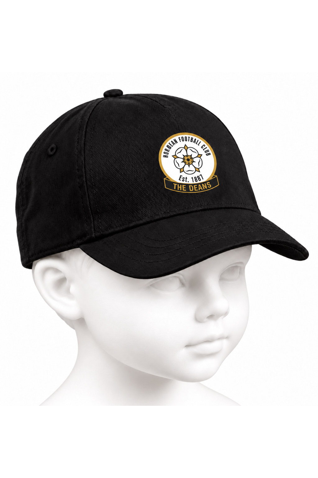 Horndean FC junior baseball cap in black on a white background