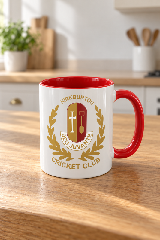 Kirkburton Cricket Club red coloured mug