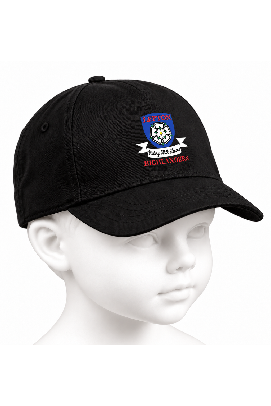 Lepton Highlanders FC, JFC, CC & SC junior baseball cap in black on a white background