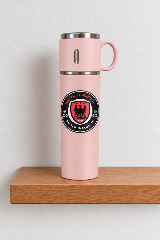 North Liverpool United Inclusion pink travel flask with cup lid