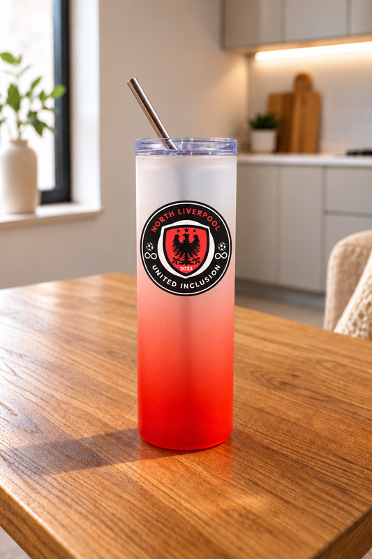 North Liverpool United Inclusion red frosted glass jar