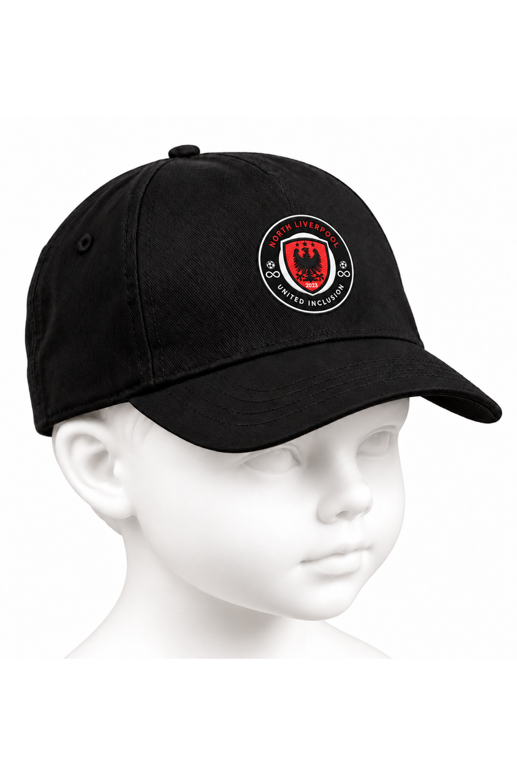 North Liverpool United Inclusion junior baseball cap in black on a white background