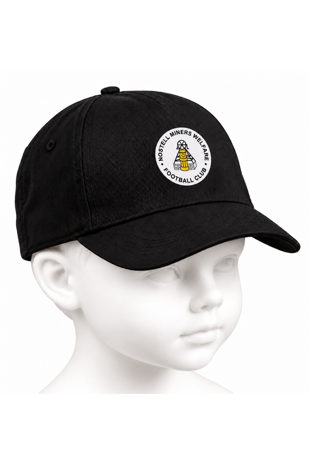 Nostell Miners Welfare FC junior baseball cap in black on a white background