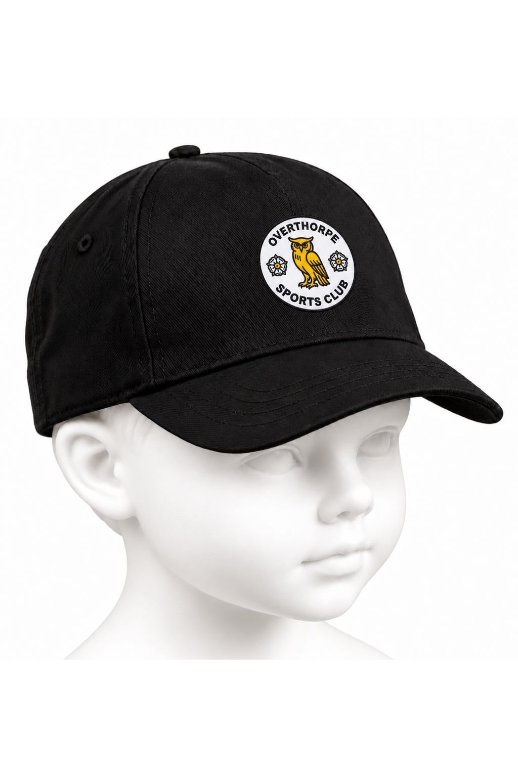 Overthorpe Sports Club FC junior baseball cap in black on a white background