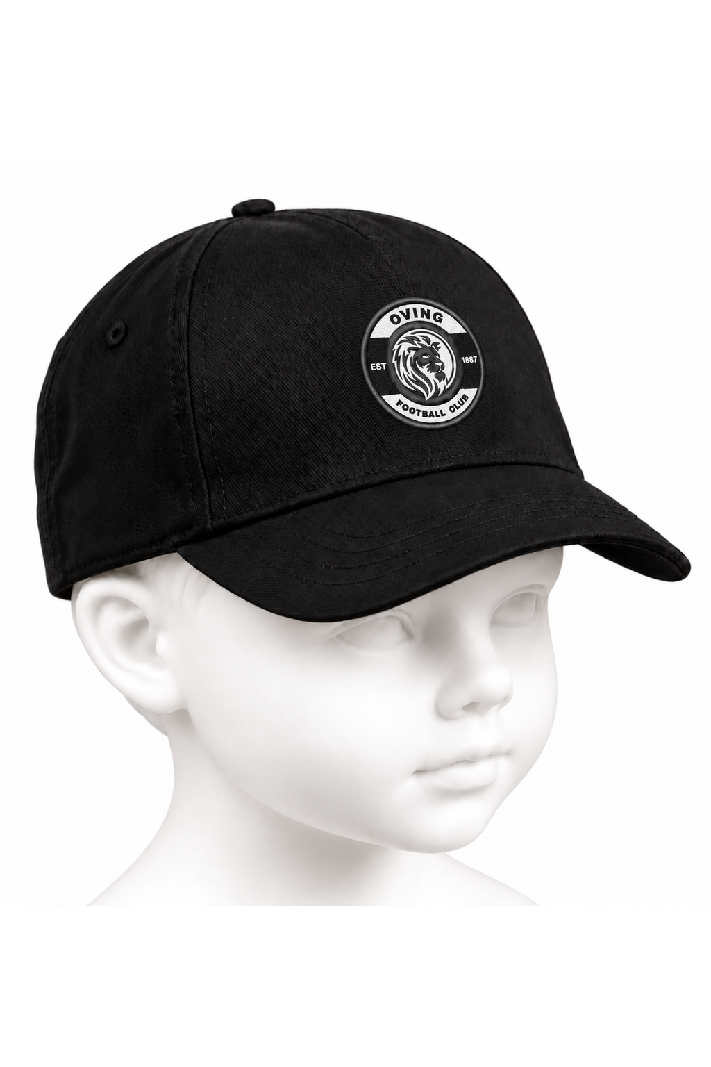 Oving FC junior baseball cap in black on a white background